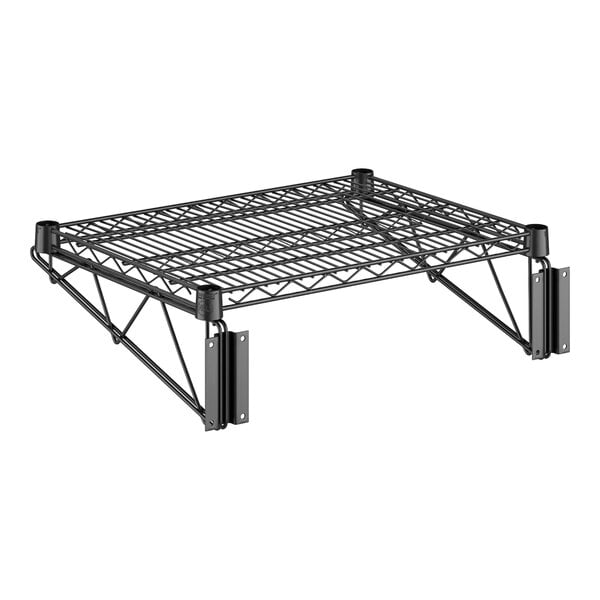 A black metal Regency wall mount shelf with black metal brackets holding two shelves.