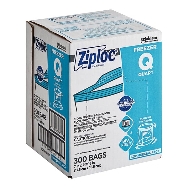 A white box of Ziploc freezer bags with blue text.