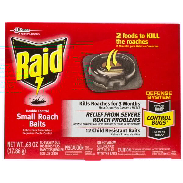 A box of SC Johnson Raid Double Control Small Roach Baits on a counter.