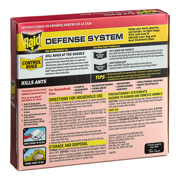 A box of 8 SC Johnson Raid ant baits with text on it.