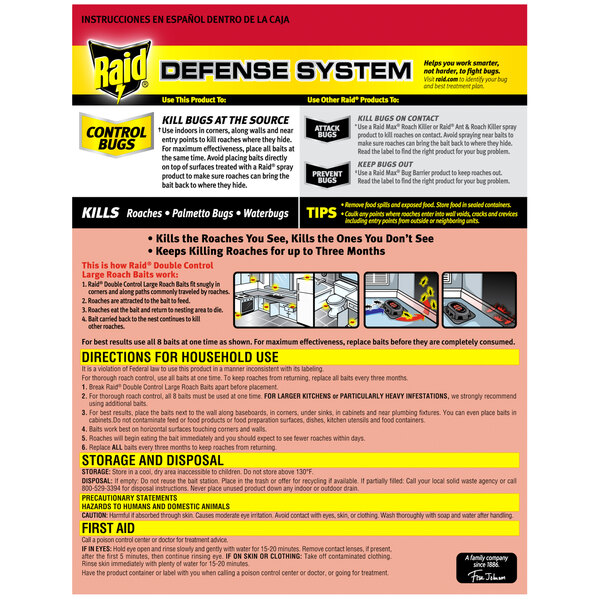 A poster for SC Johnson Raid Double Control Roach Baits on a kitchen counter.