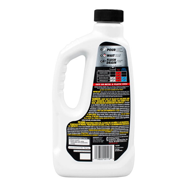 A white plastic bottle with a black cap, featuring a handle and a label with instructions, warnings, and a barcode on the back.