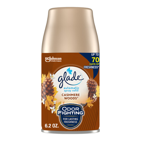 A 6.2 oz. can of Glade Cashmere Woods air freshener automatic spray refill.