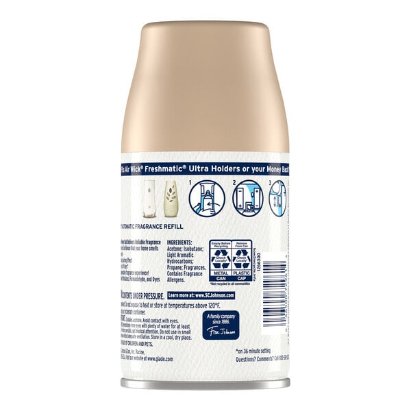 A 6.2 oz. canister of Glade Cashmere Woods air freshener automatic spray refill.