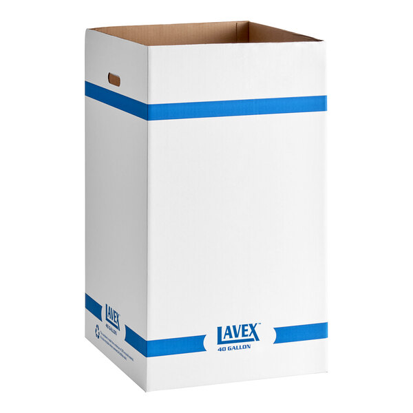 A white square corrugated cardboard trash and recycling container with blue accents and a 40-gallon capacity.
