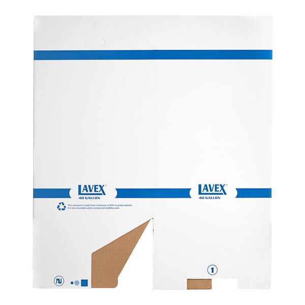 A white square corrugated cardboard trash and recycling container labeled for 40 gallons by Lavex.