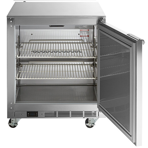 A stainless steel Beverage-Air undercounter freezer with a door open.