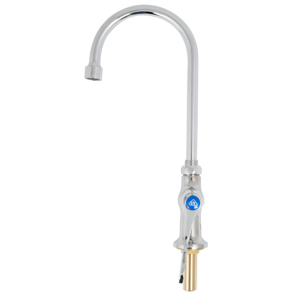 A silver T&S deck-mounted faucet with a blue wrist handle.