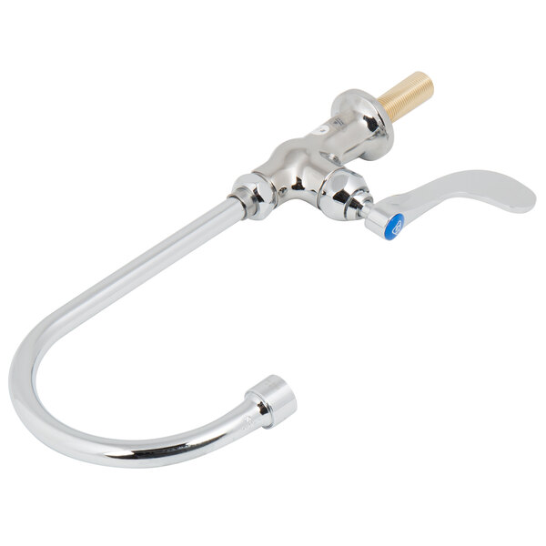 A silver T&S deck-mounted faucet with a blue wrist handle.