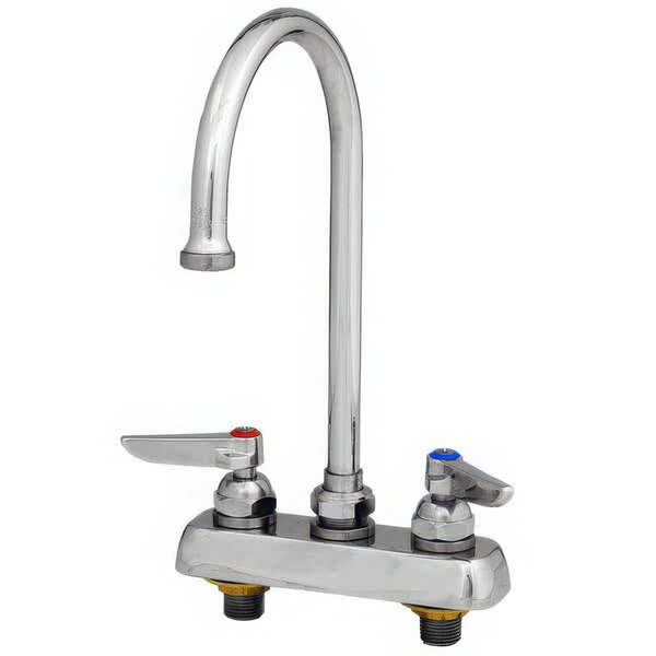 A chrome T&S deck-mounted workboard faucet with two gooseneck spouts and lever handles.