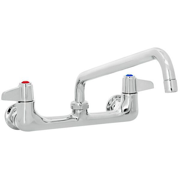 A chrome Equip by T&S wall mount faucet with two lever handles.