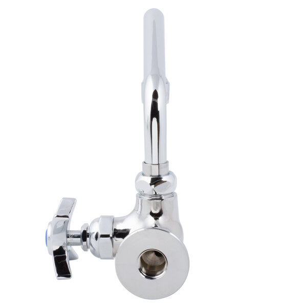 A T&S chrome wall mounted faucet with a 4-arm handle and swing spout.