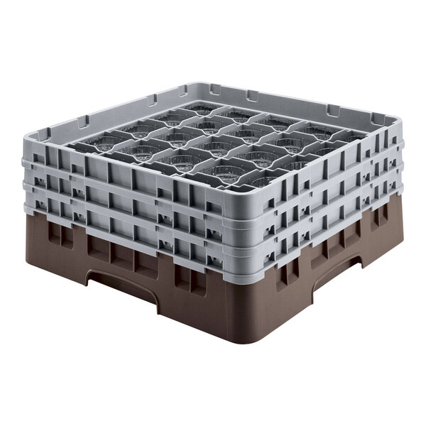 A brown plastic Cambro glass rack with extenders.
