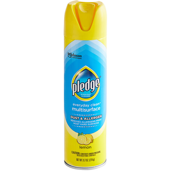 A blue SC Johnson Pledge can of lemon-scented furniture spray with white and yellow text.