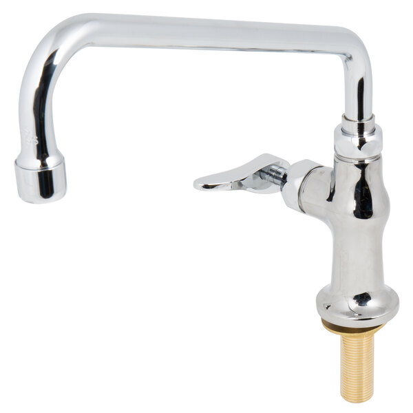 A chrome T&S deck-mounted faucet with a brass lever handle.