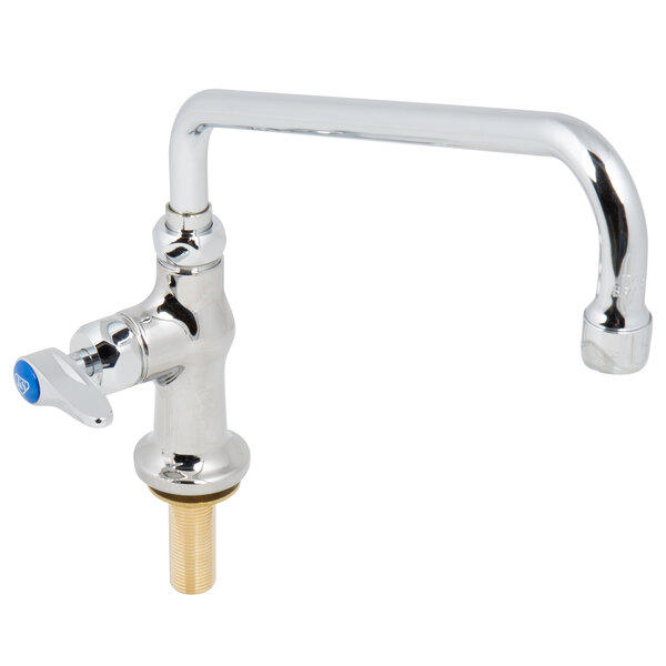 A silver T&S deck-mounted faucet with a blue lever handle.