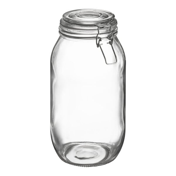 A clear glass storage jar with a hinge top lid and metal clasp, holding 76 ounces.