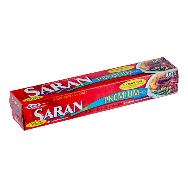 A red rectangular box of Saran Premium Plastic Wrap with yellow and blue text.