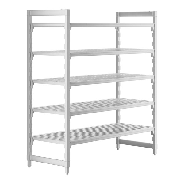 A white metal Cambro Camshelving Premium unit with 5 vented shelves.