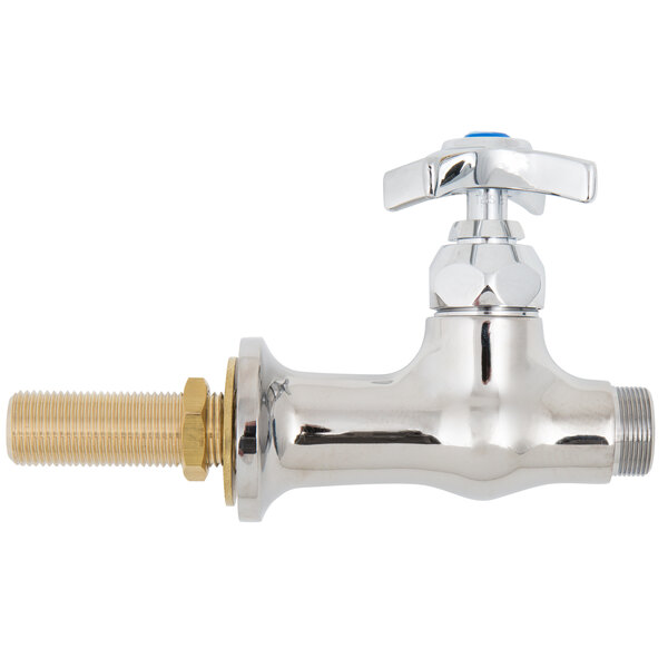 A silver T&S deck mounted faucet base with brass nuts and a brass handle.