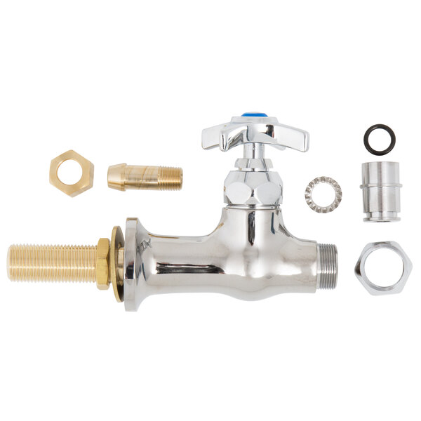 A chrome T&S deck mounted faucet base with brass fittings and nuts.