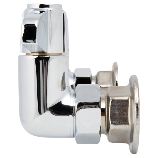 A close-up of a silver Equip by T&S wall mounted faucet base.