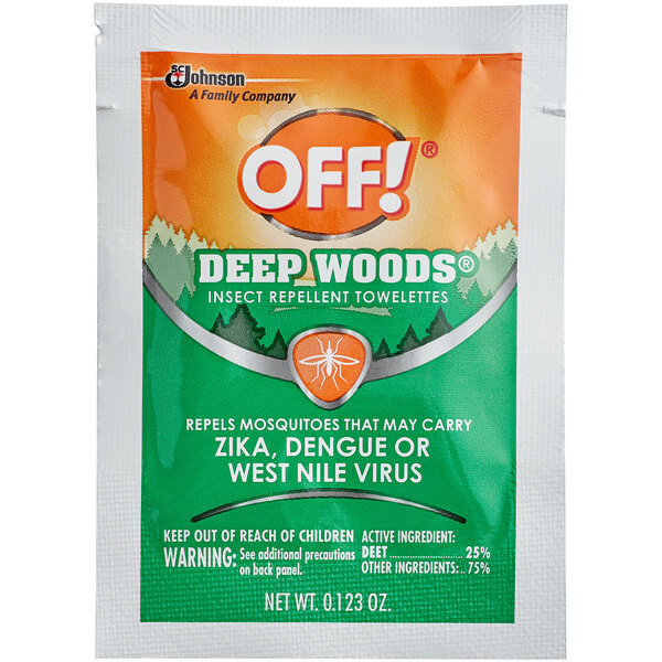 A package of 12 SC Johnson OFF! Deep Woods Insect Repellent Towelettes with the OFF! logo.