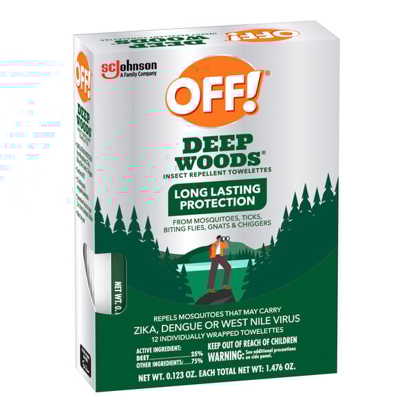 A box of SC Johnson OFF! Deep Woods insect repellent towelettes containing 12 individually wrapped wipes.