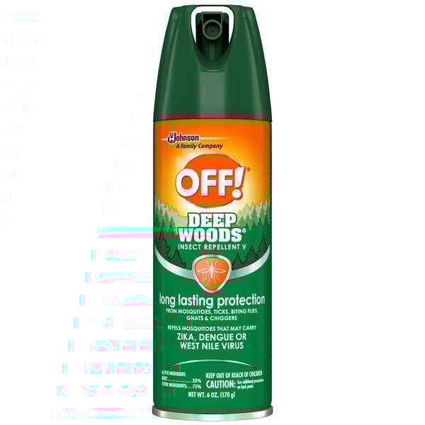 A green and orange can of SC Johnson OFF! Deep Woods Insect Repellent.