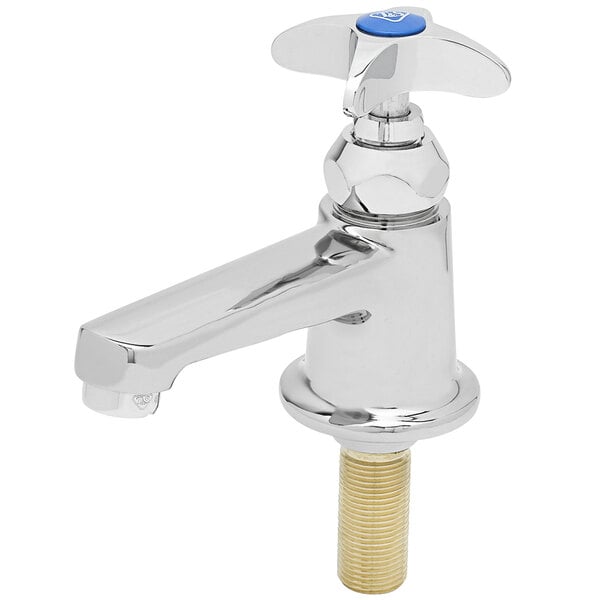 A silver faucet with a blue knob.