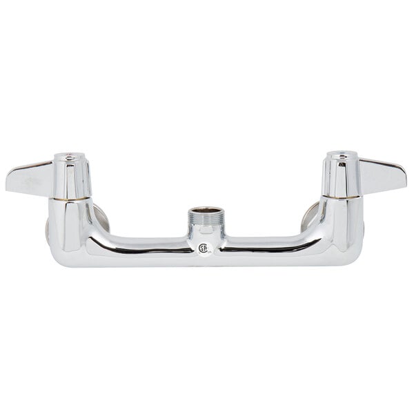 A chrome Equip by T&S wall mounted faucet base with adjustable 8" centers and lever handles.