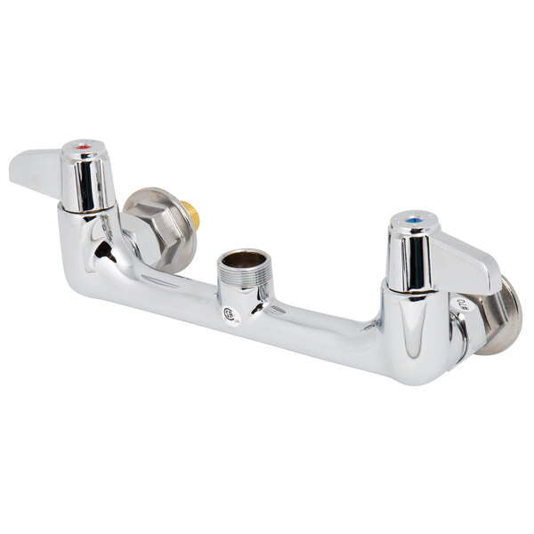 A chrome Equip by T&amp;S wall mounted faucet base with adjustable 8" centers and lever handles.