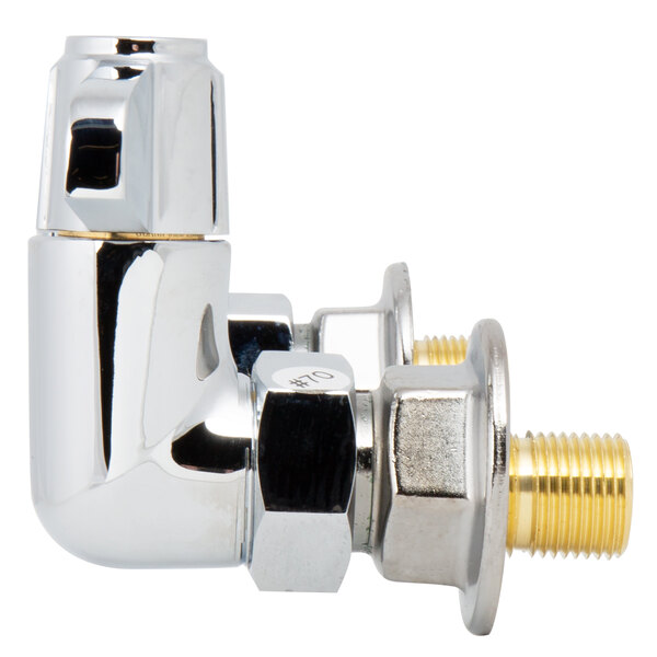 A chrome plated Equip by T&S wall mounted faucet base with lever handles.