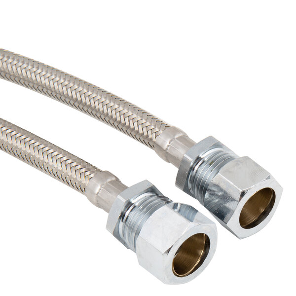 A pair of stainless steel braided hoses with metal connectors.