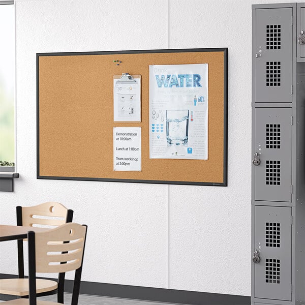A classroom with a Quartet cork board on the wall.
