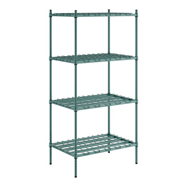 A green metal Regency dunnage shelving unit with four shelves.