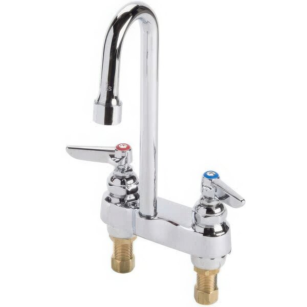 A close-up of a chrome T&S deck-mounted workboard faucet with lever handles.