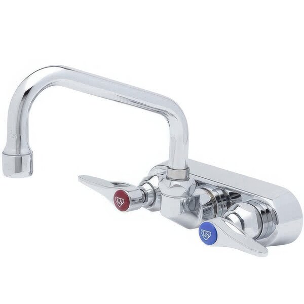 A chrome T&S wall mounted faucet with lever handles.