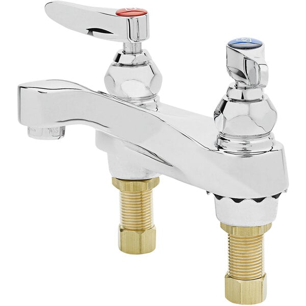 A T&S deck mounted lavatory faucet with lever handles on a white background.