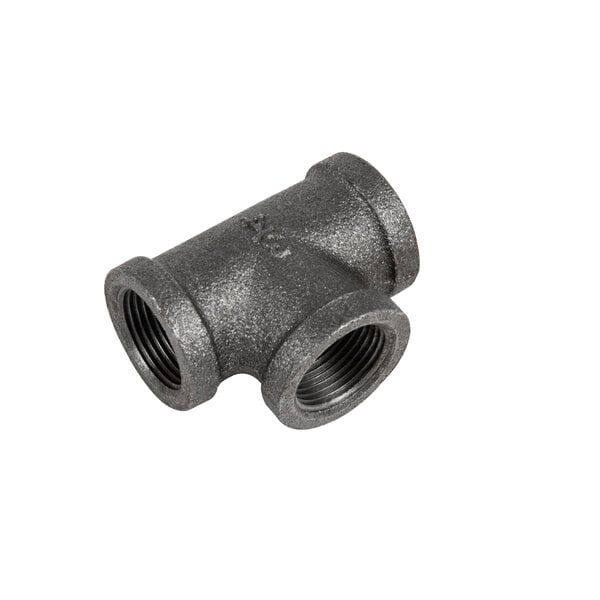A black metal pipe fitting with two nuts on it.