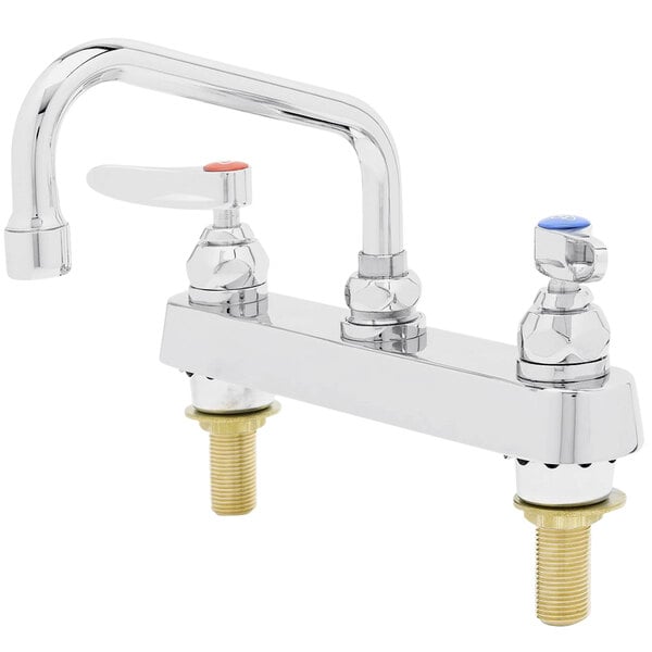 A silver T&S deck-mounted workboard faucet with two lever handles.