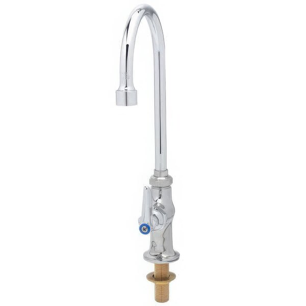 A chrome deck-mounted pantry faucet with a gooseneck spout and lever handle.