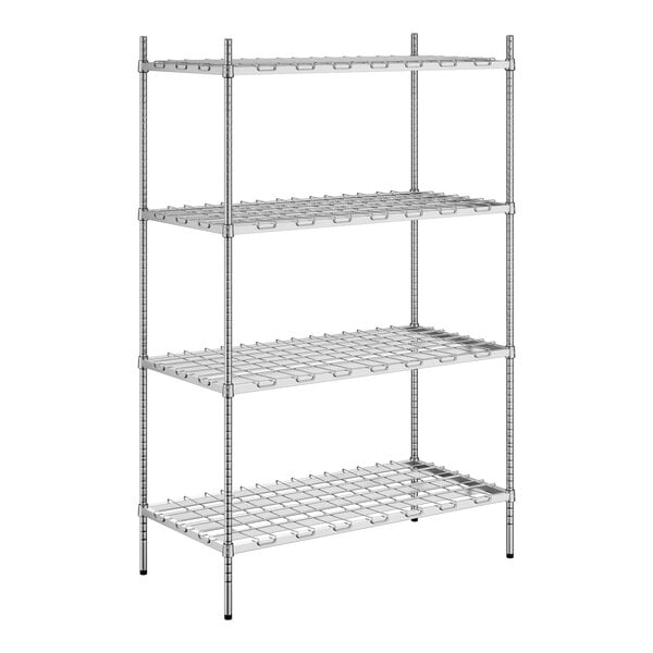 A wireframe of a Regency chrome heavy-duty dunnage shelving unit with four shelves.