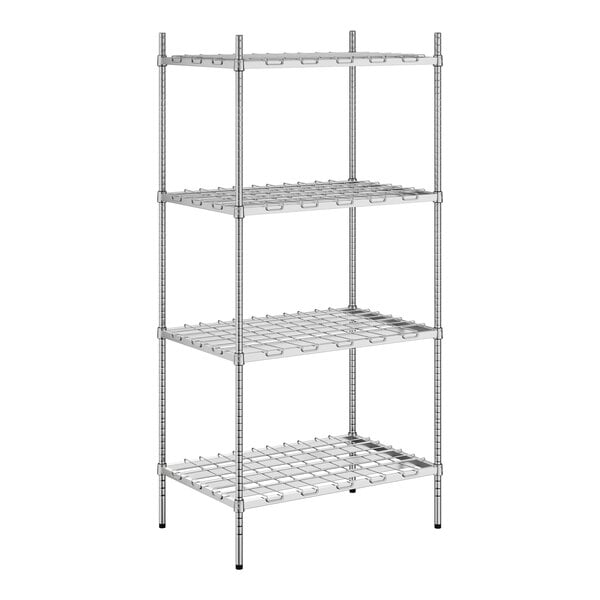 A Regency chrome metal shelving unit with four shelves.