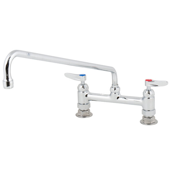 A T&S chrome deck-mounted faucet with two lever handles.