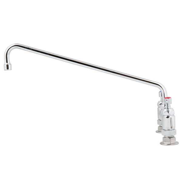 The T&S chrome deck-mounted faucet with lever handles and a long metal rod.