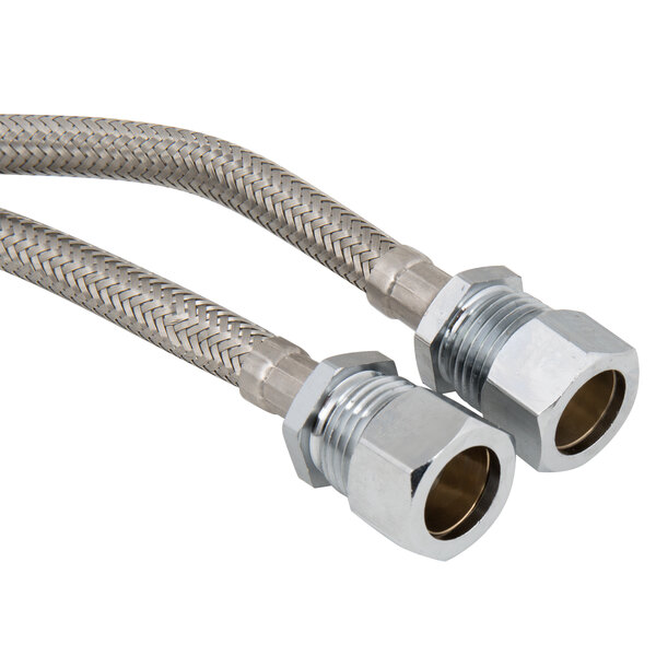Two stainless steel braided hoses connected to a metal faucet hose.