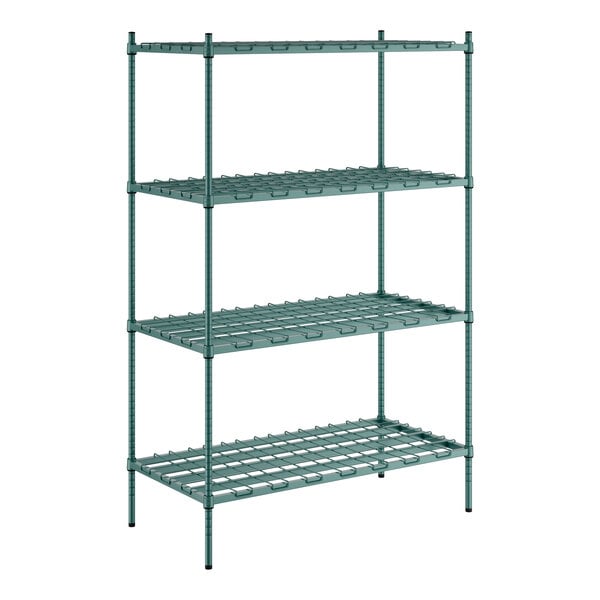 A green metal Regency dunnage shelving unit with four shelves.