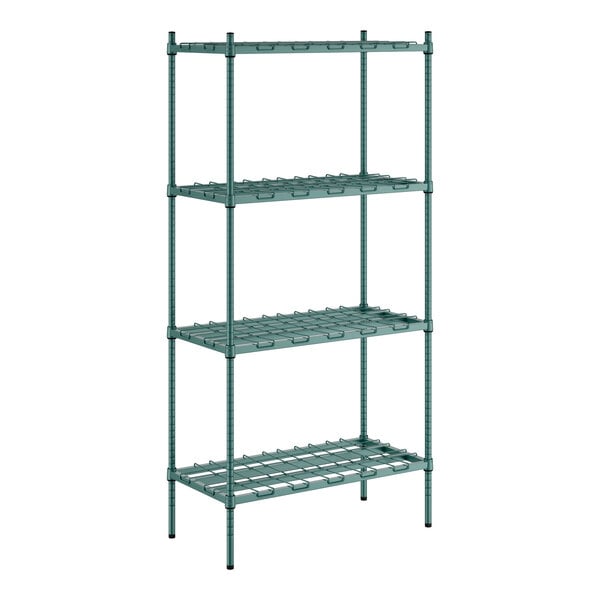 A green metal Regency dunnage shelving unit with four shelves.