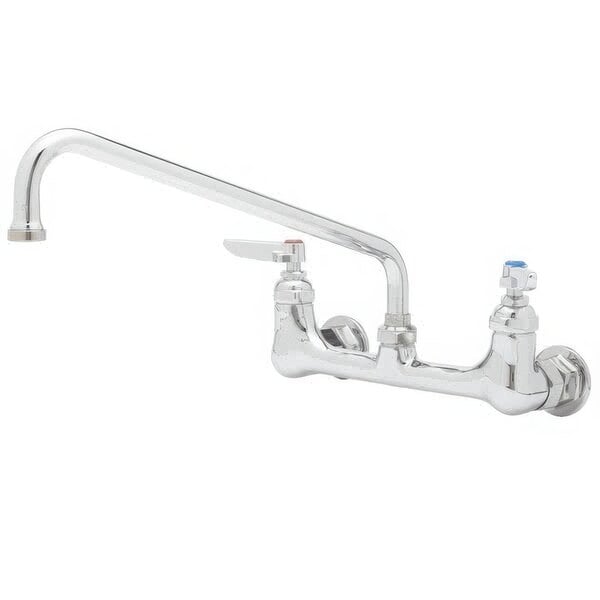 A silver Equip by T&S wall mounted faucet with 8" adjustable centers, a 10 1/8" swing spout, and lever handles.